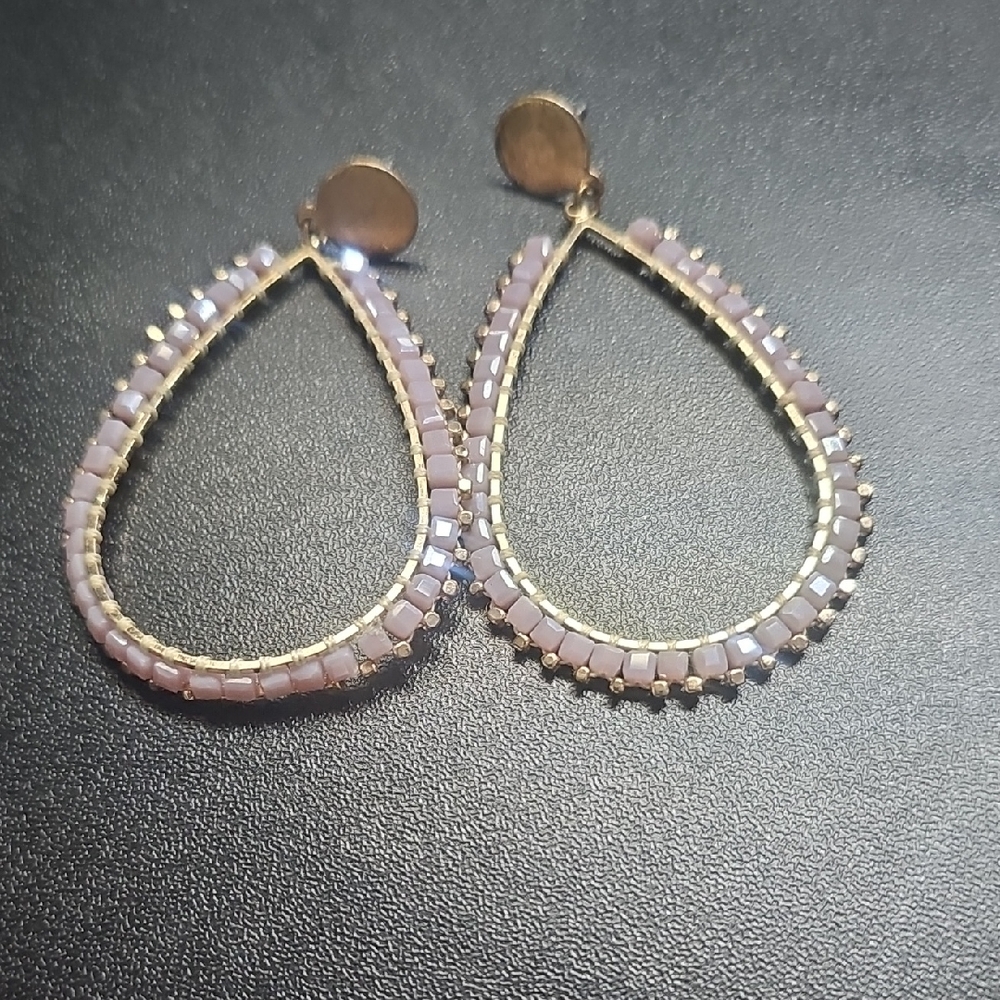 Gold Teardrop Earrings with Lavender Bead Accents